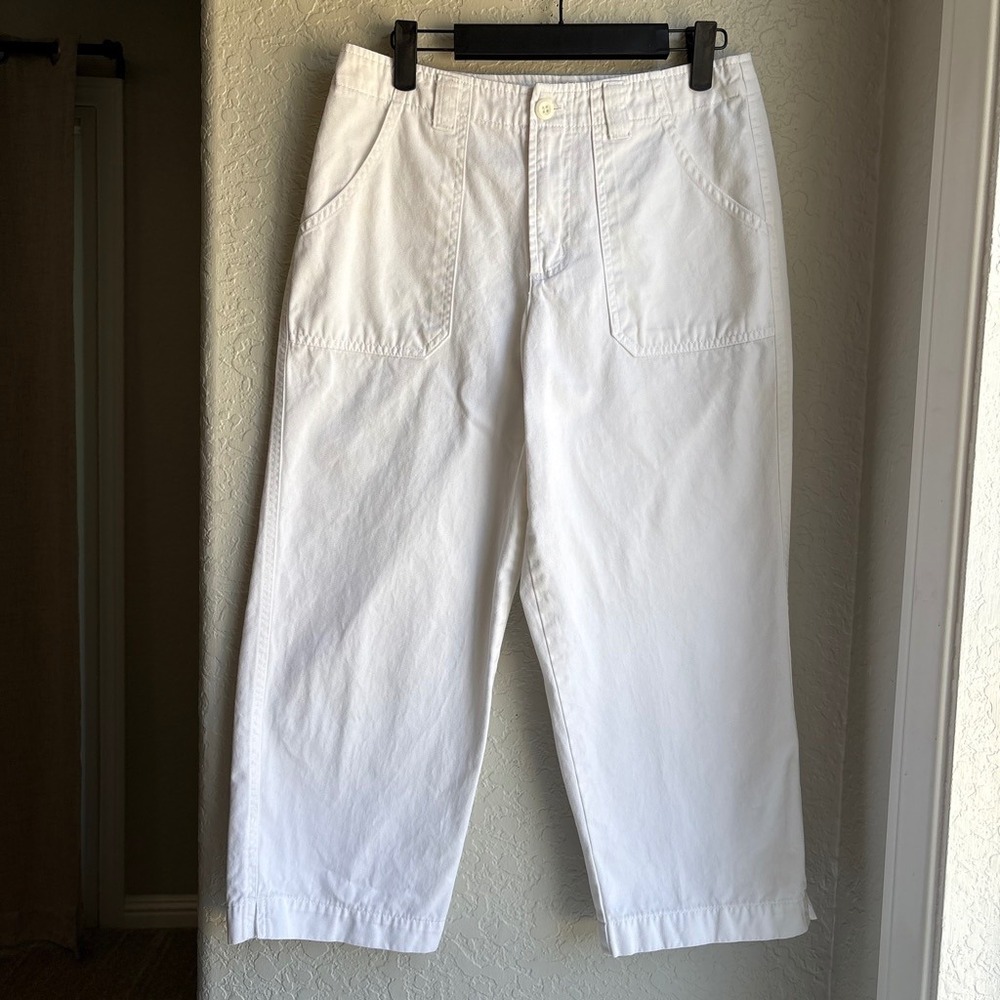 Women 8 Cropped Y2K 90s Capri Pants White Cotton Utility Patch Pocket Mid Rise